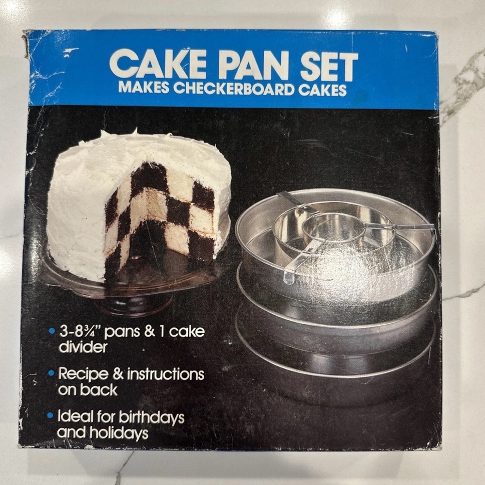 VTG 1986 Checkerboard Cake Pan Set Original Box 3 Pans & Separator Birthday Cake